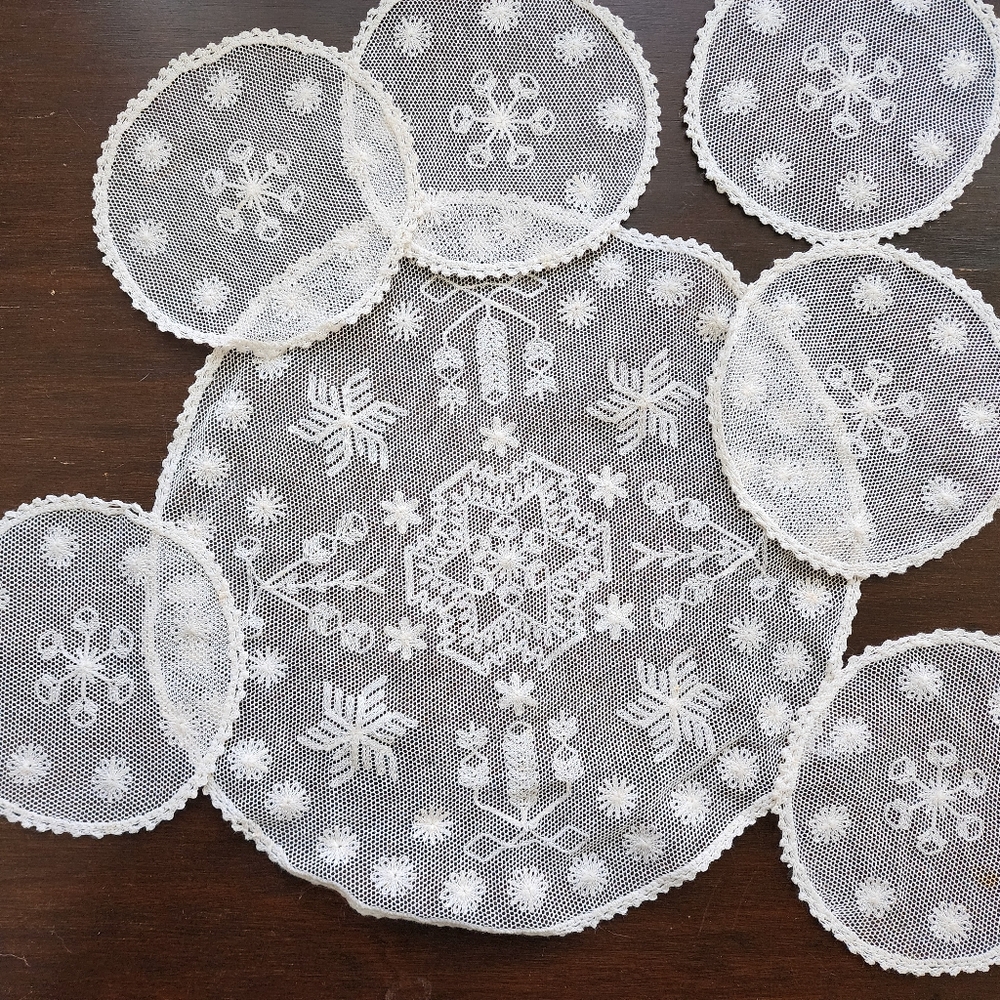 Vintage/Antique Filet Tambour Net Lace Large Doily & 6 Coaster Handmade Snowflak
